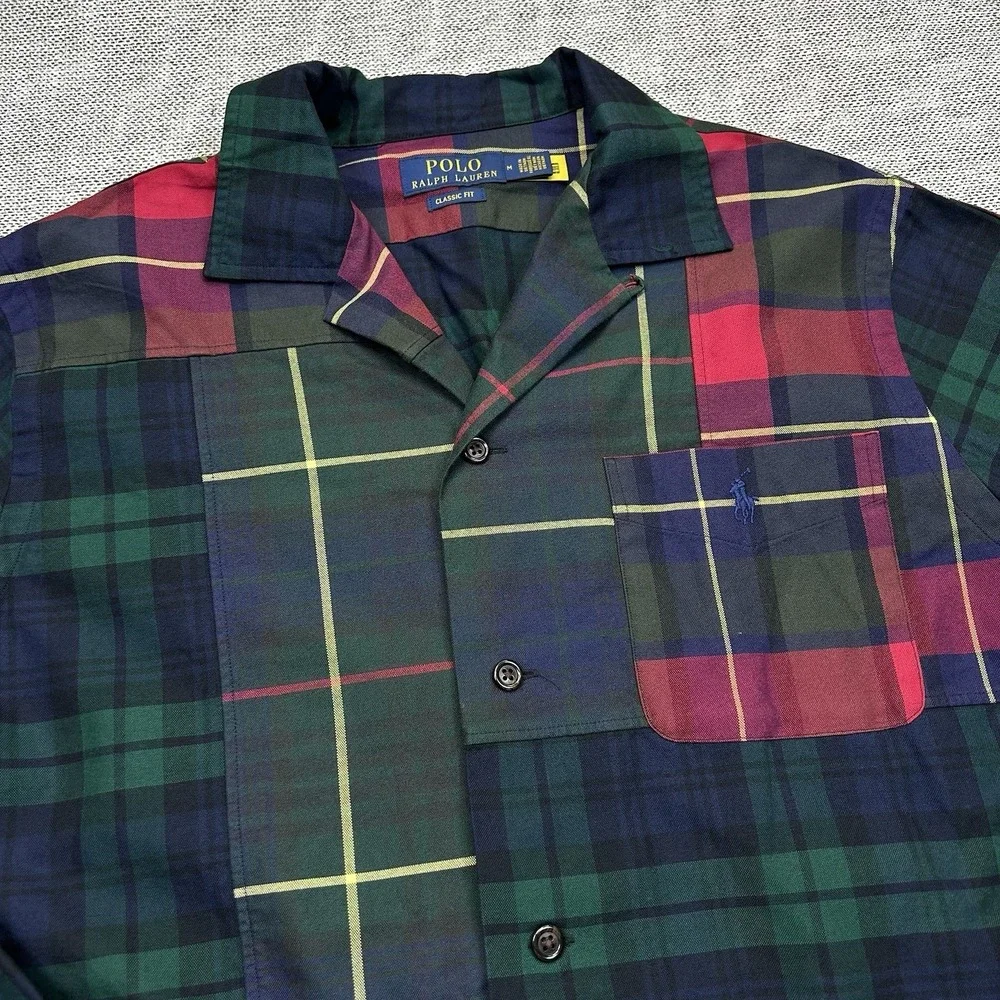 Polo Ralph Lauren Button Up Shirt Mens M Oxford Plaid Loop Collar Patchwork Camp
